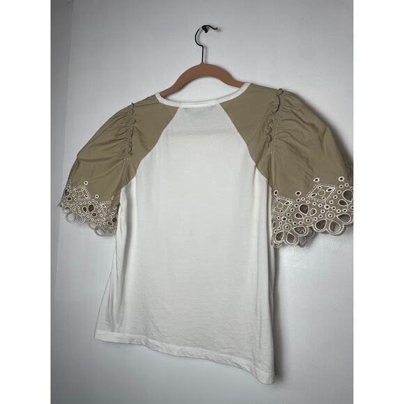 Veronica Beard Briana Embroidered Short-Puffed Sleeve Tee White & Light Khaki M - Picture 10 of 16